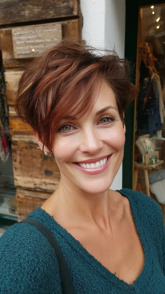 Asymmetrical Textured Copper Pixie with Side-Swept Fringe
