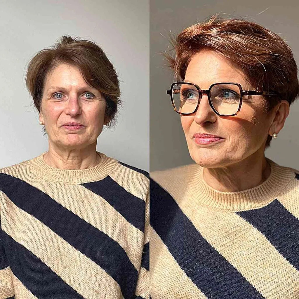 Auburn Long Pixie with Textured Layers for Older Women with Glasses and Thinning Hair