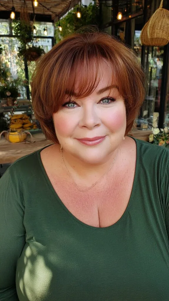 Auburn Rounded Stacked Bob with Browskimming Wispy Fringe