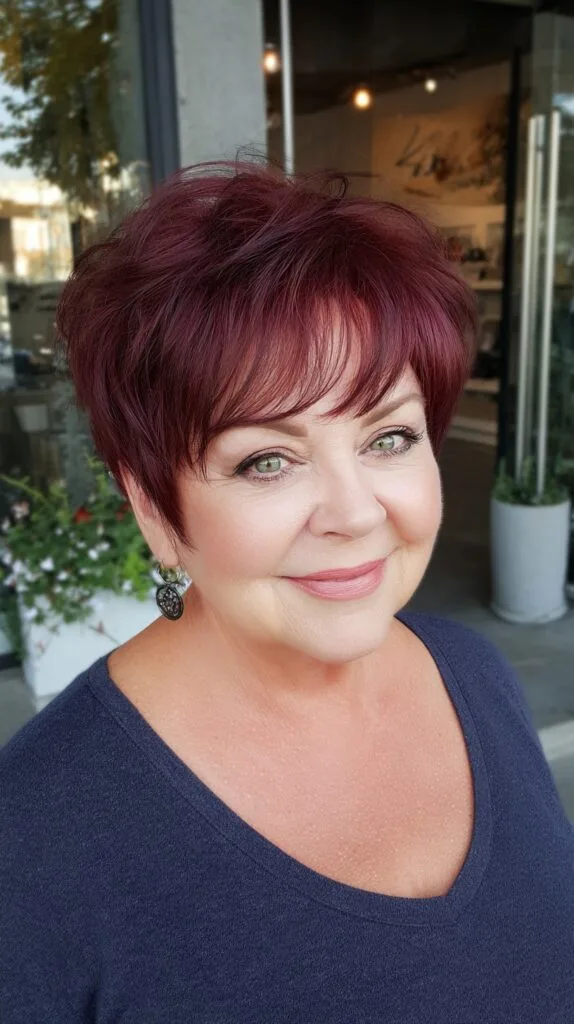 Berry Red Textured Pixie with Feathered Side Fringe