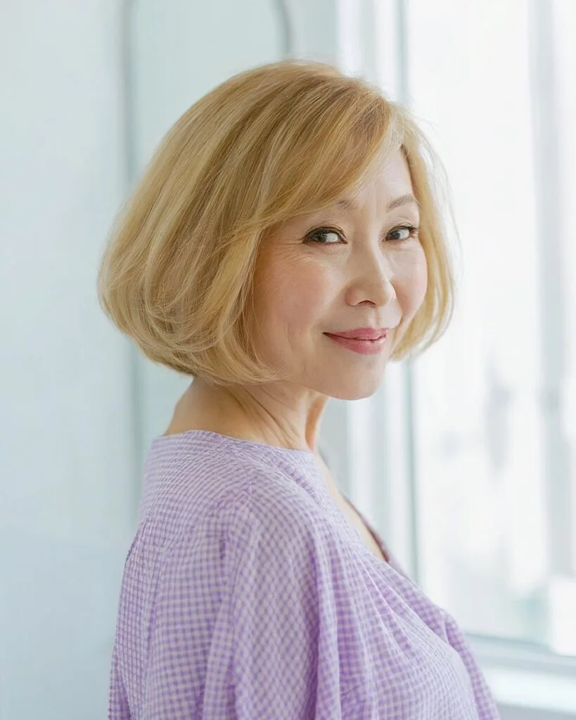 Blonde angled bob for older women with soft layers and face-framing pieces