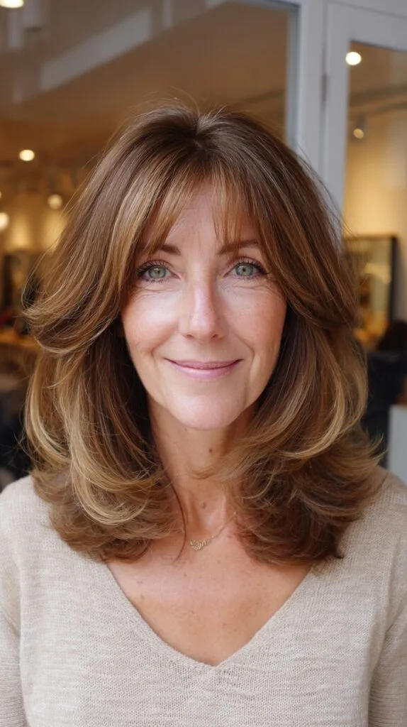 Blown-Out Shoulder-Length Layers with Curtain Fringe and Outward Flip