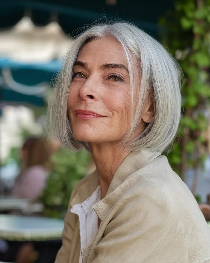Blunt bob with natural grey color and center part for women over 60