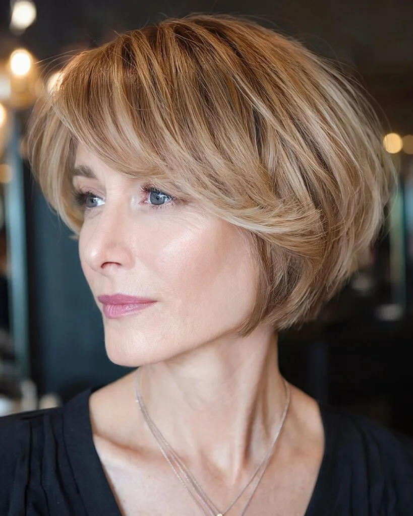 Bobella haircut with layered bangs for soft texture and volume on fine hair