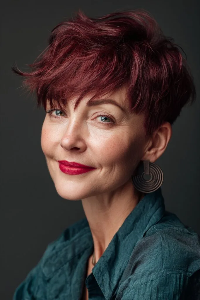 Bold Textured Pixie Cut with Rich Red Tones