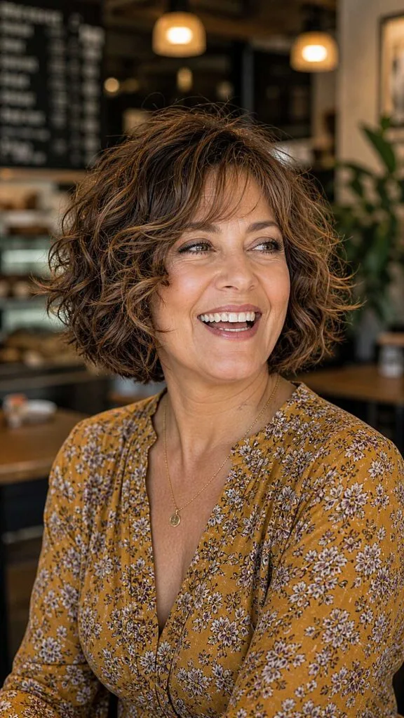 Bouncy curly chestnut brown bob with highlights