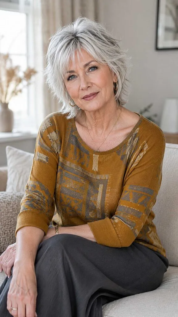 Bright Silver Wolfcut with Sweeping Side Fringe