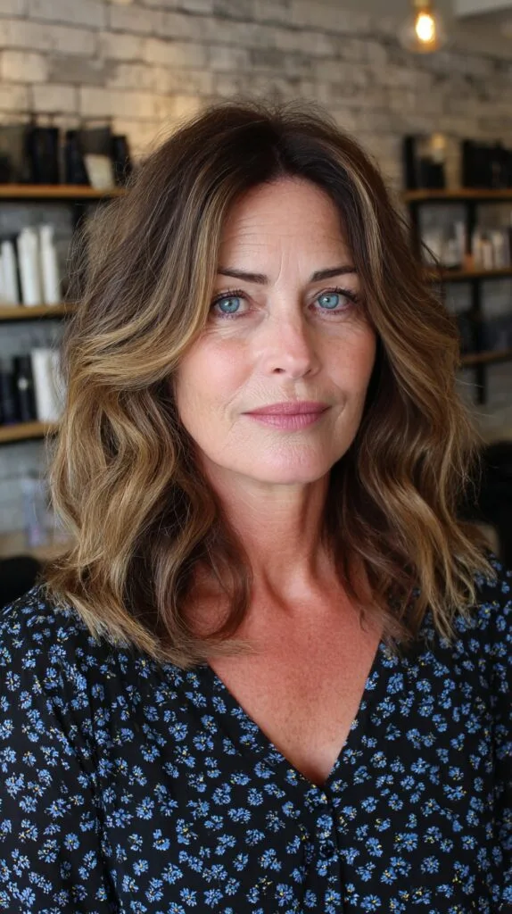Brunette Beach Waves with Golden Highlights