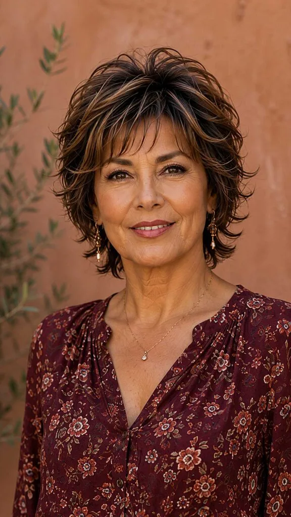 Brunette Highlighted Wolfcut with Feathered Side Pieces