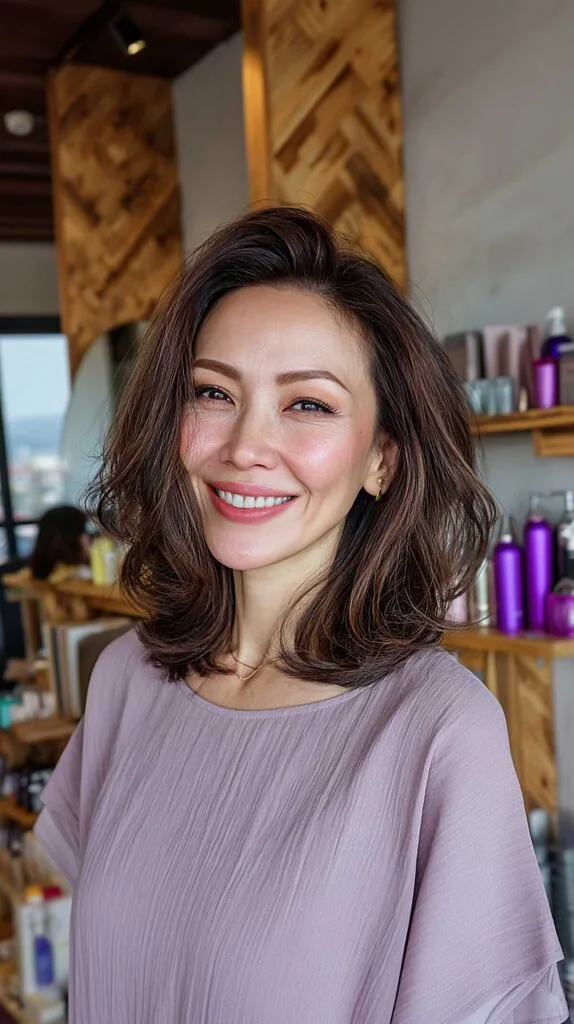Brunette layered lob with soft effortless wave