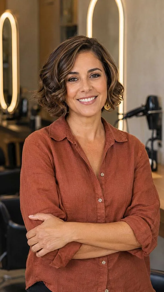 Brunette Loose-Curl Bob with Sun-Kissed Dimension