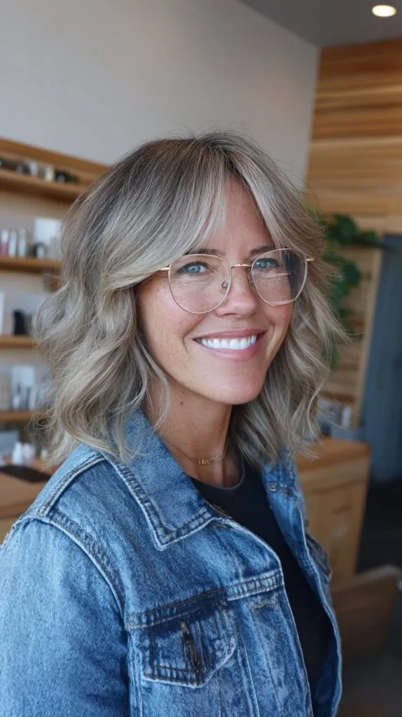 Brushed Curtain Bangs and Layered Shoulder-Length Waves