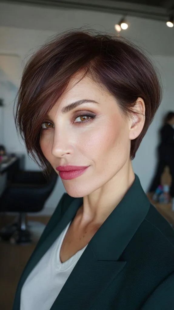 Burgundy Asymmetrical Bob with Soft Fringe