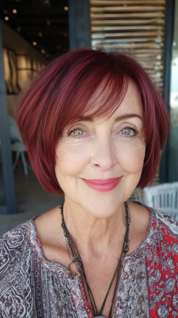 Burgundy Stacked Chin-Length Bob with Feathered Side Fringe