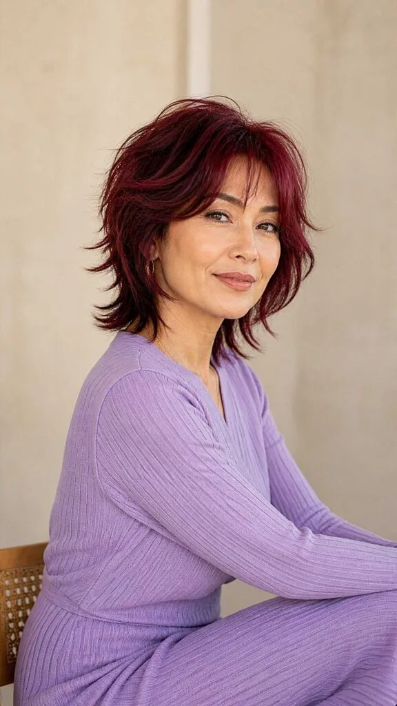 Burgundy Wine Shaggy Bob with Razored Texture