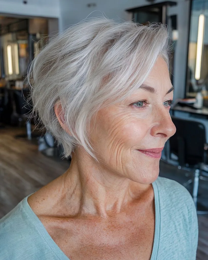 Butterfly haircut with feathered silver bob pixie and soft side layers on fine short hair for older women