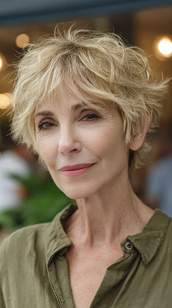 Buttery Blonde Shaggy Pixie with Tousled Fringe and Ear-Length Layers