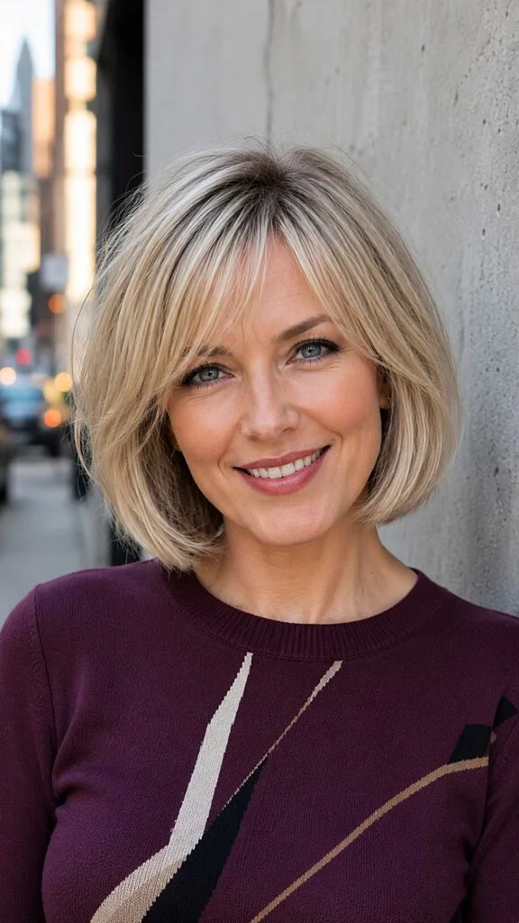 Champagne Blonde Layered Bob with Wispy Bangs
