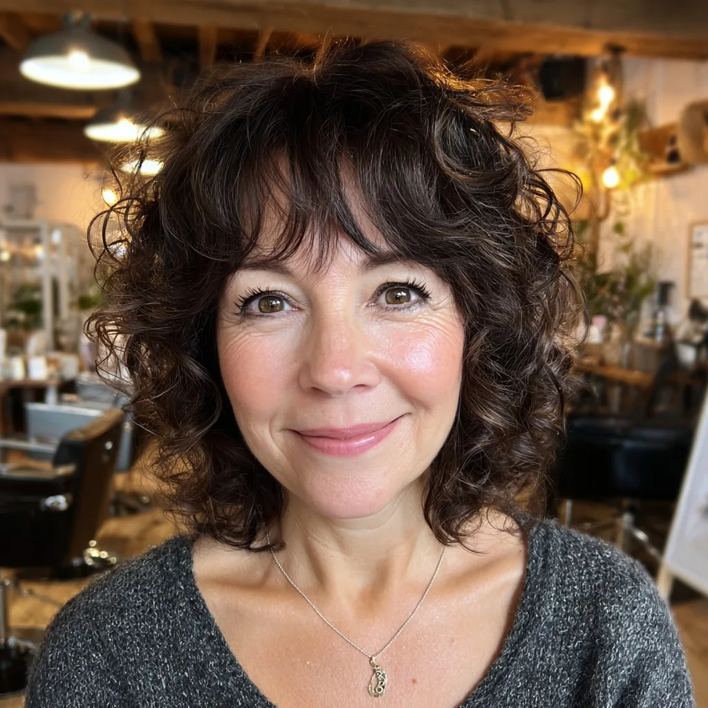 Charming Curly Bob with Soft Choppy Bangs