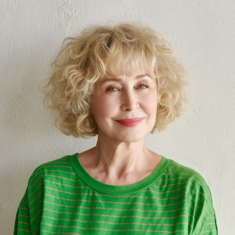 Charming Soft Curly Bob with Brow-Skimming Bangs