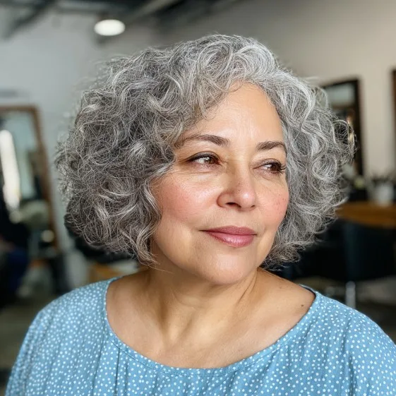 Charming Textured Grey Curly Bob with Soft Highlights