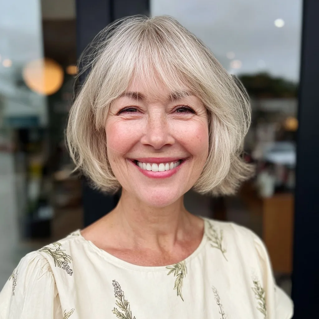 Charming Textured Jaw-Length Bob with Soft Curtain Bangs