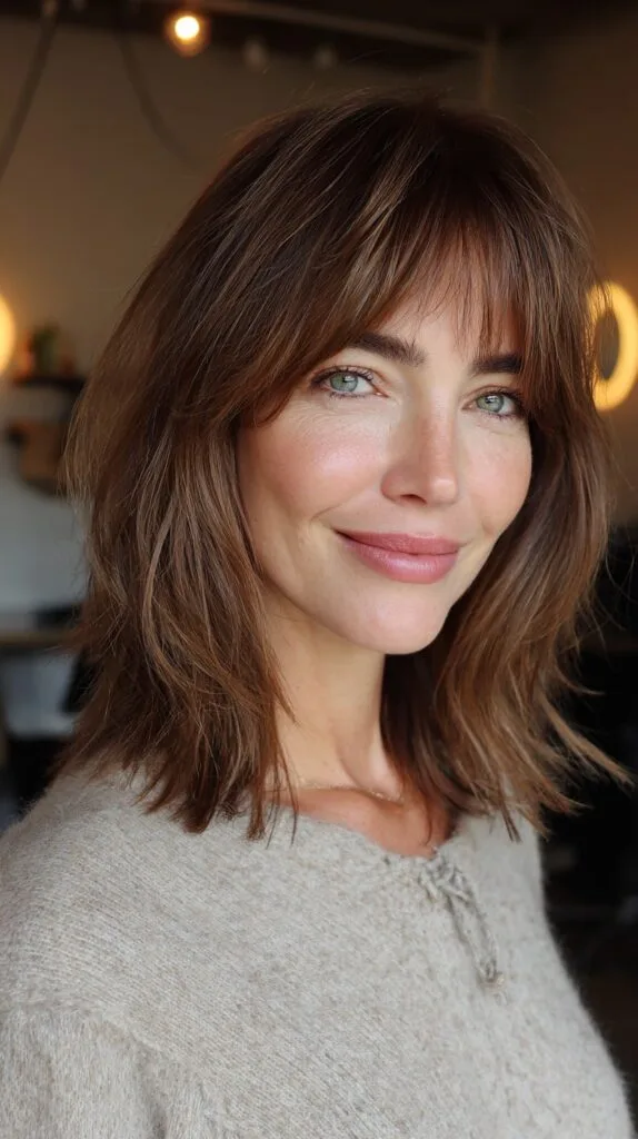 Chestnut Curtain Fringe with Textured Shoulder-Length Layers