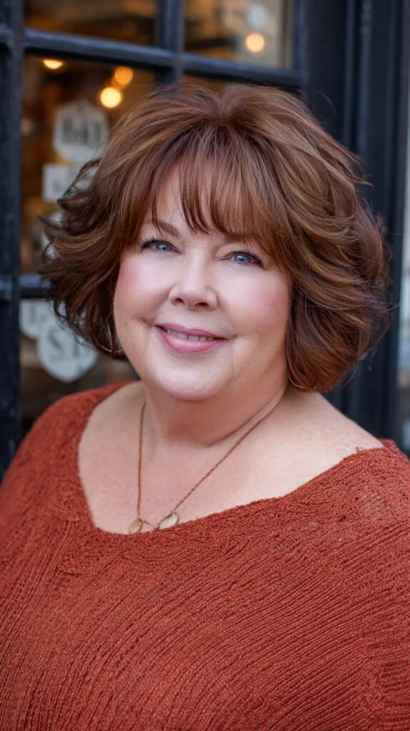 Chestnut Voluminous Rounded Bob with Feathered Brow Fringe