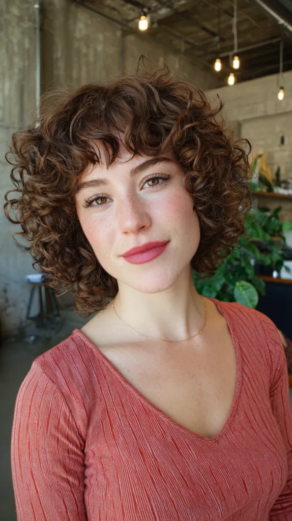 Chic Curly Bob with Defined Curls and Soft Bangs