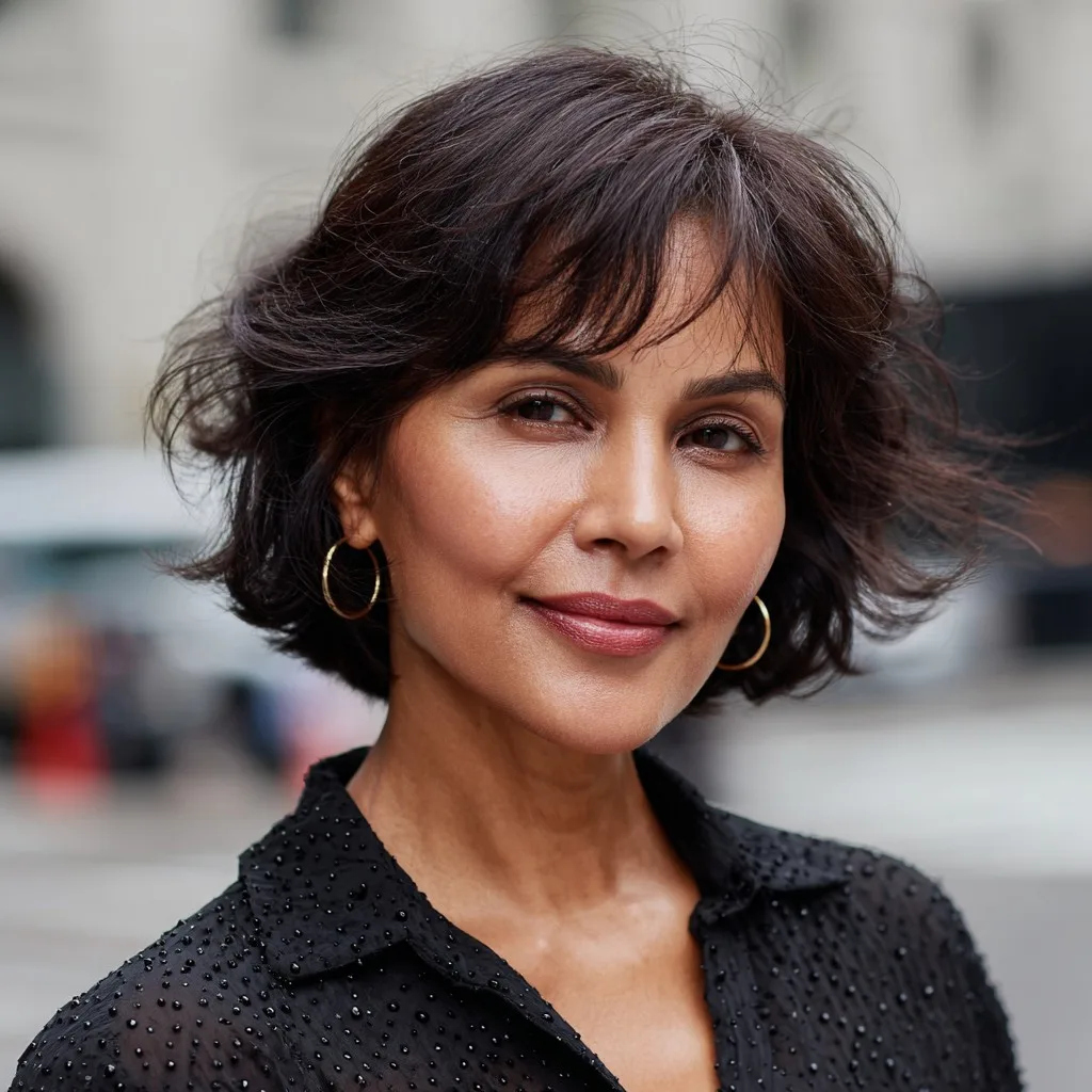 Chic Curly Jaw-Length Bob with Playful Curtain Bangs