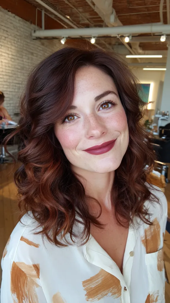 Chic Curly Mid-Length Cut with Rich Auburn Tones