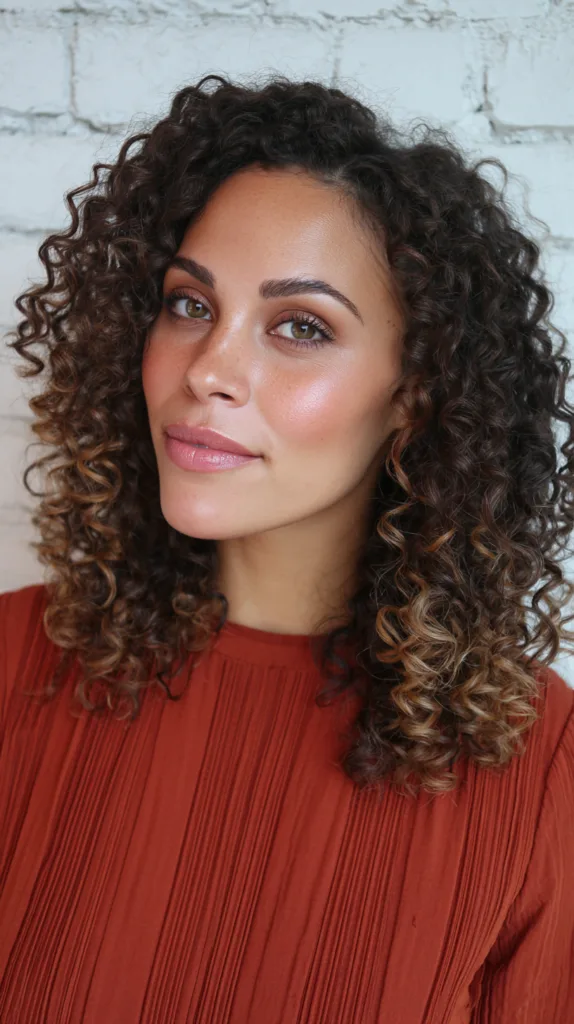 Chic Curly Shoulder-Length Cut with Warm Ombre Highlights