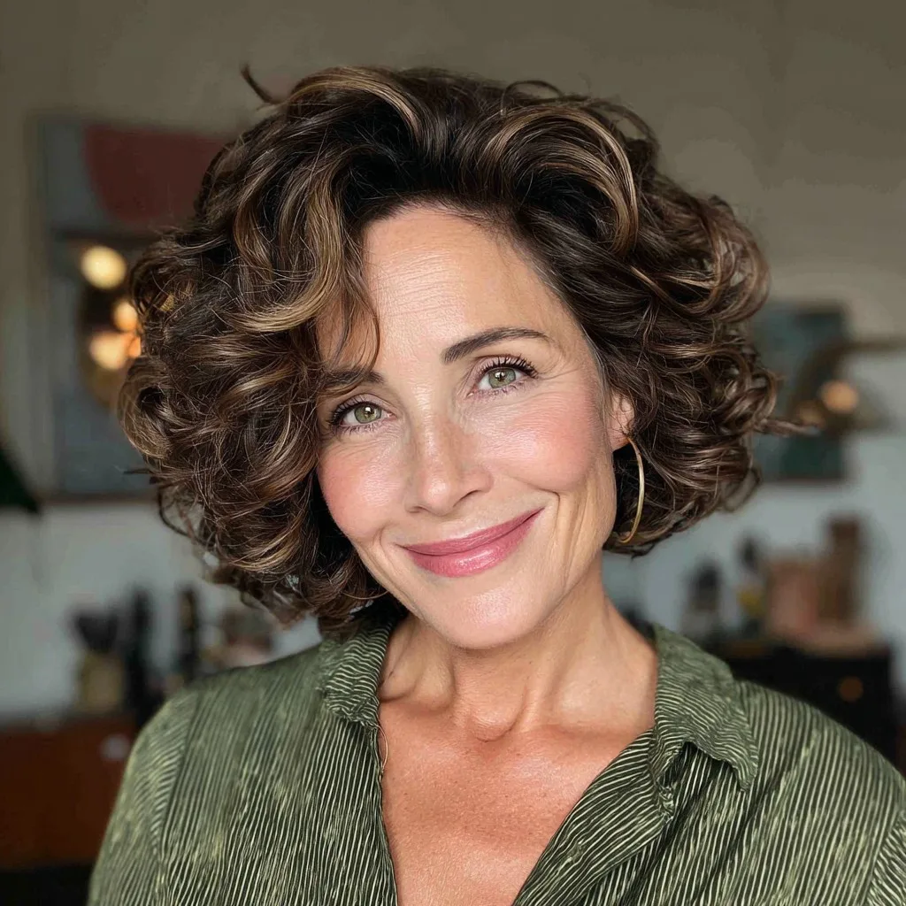 Chic Curly Warm Brown Bob with Luminous Highlights