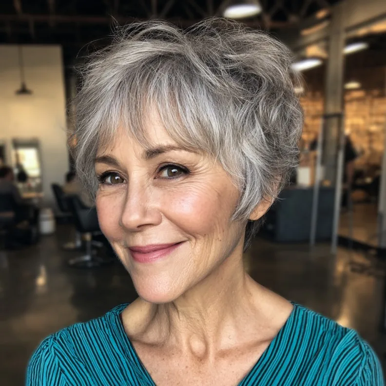 Chic Feathered Pixie Cut with Brow-Skimming Bangs