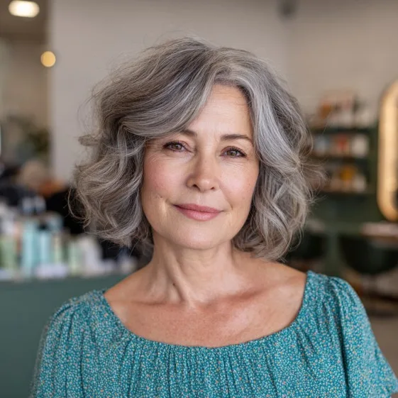 Chic Grey Curly Bob with Soft Balayage Highlights