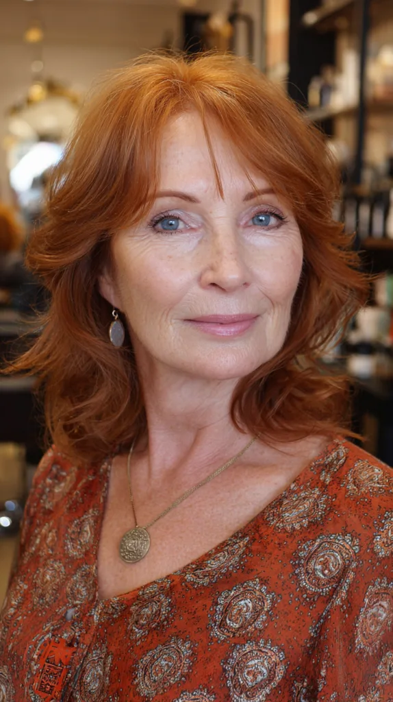 Chic Layered Copper Waves with Soft Bangs