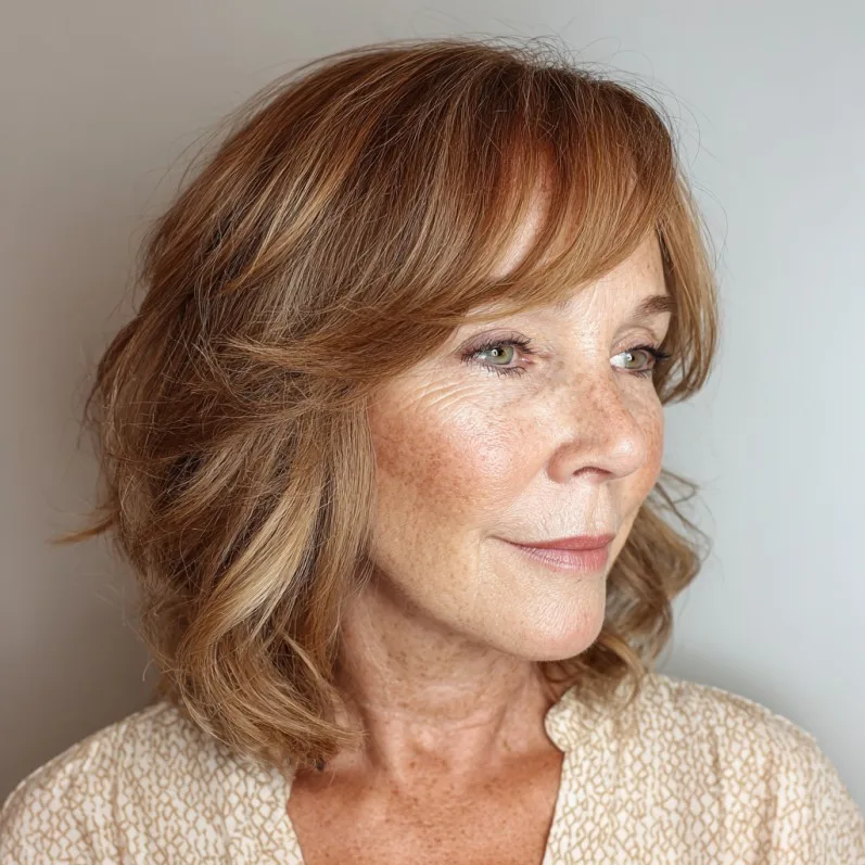 Chic Layered Copper Waves with Soft Bangs