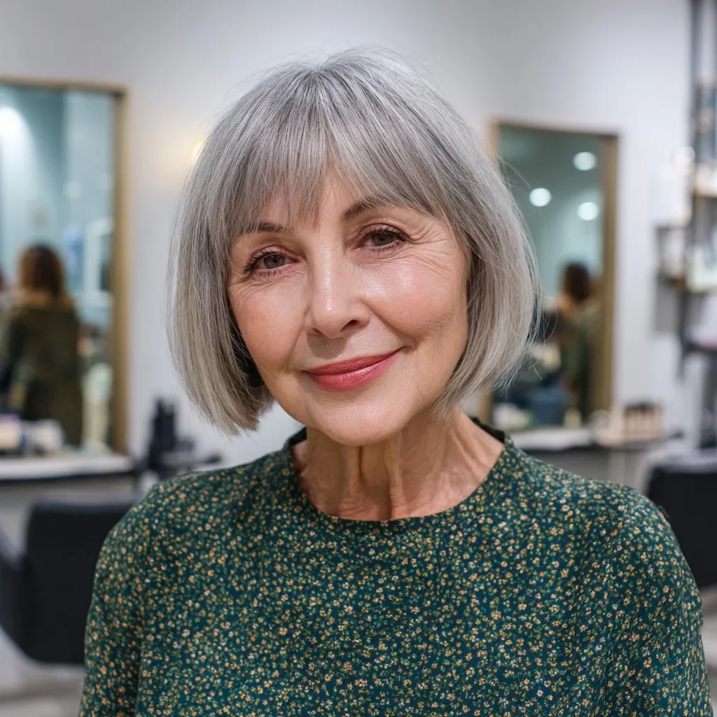 Chic Layered Gray Bob with Soft Bangs
