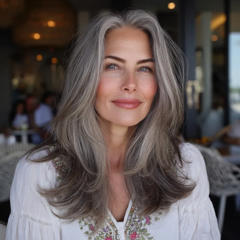 Chic Layered Gray Hairstyle for Women Over 50