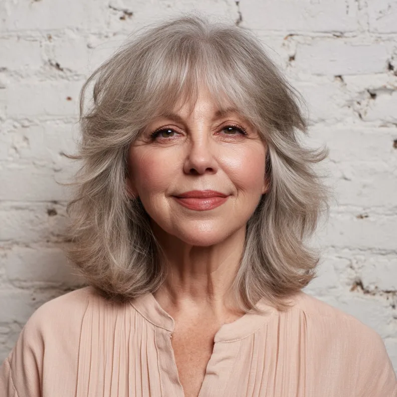 Chic Layered Grey Hair with Brow-Skimming Bangs