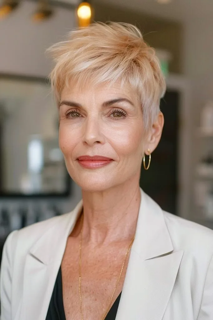 Chic layered pixie for older women with fine hair
