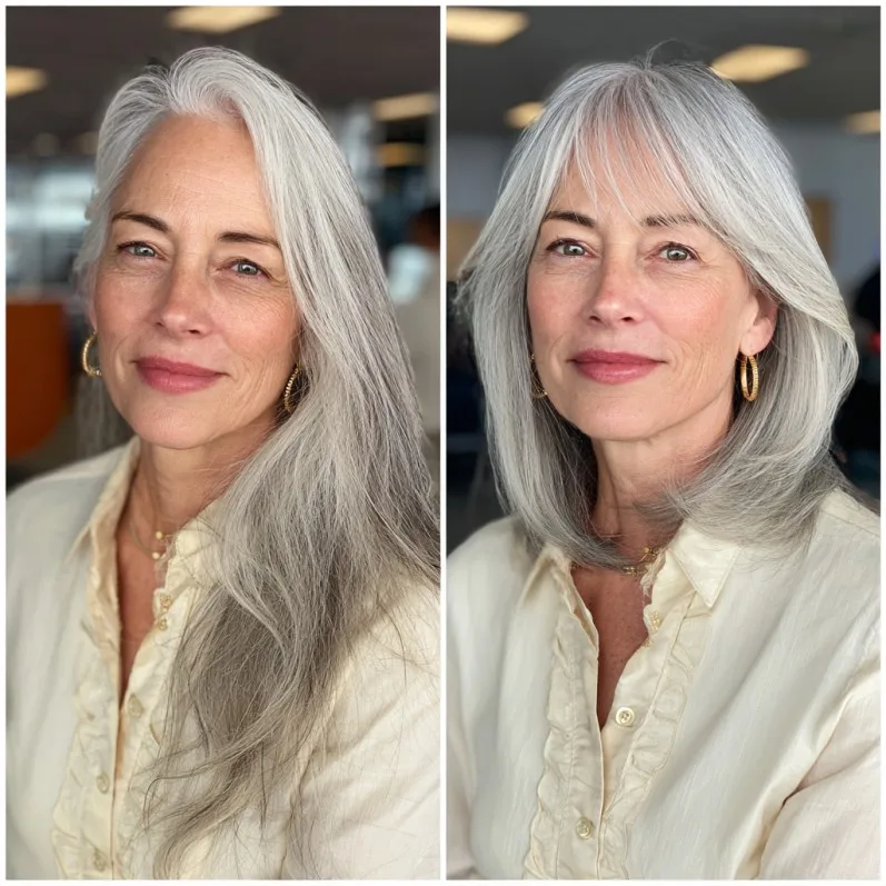 Chic Layered Silver Hair with Soft Bangs