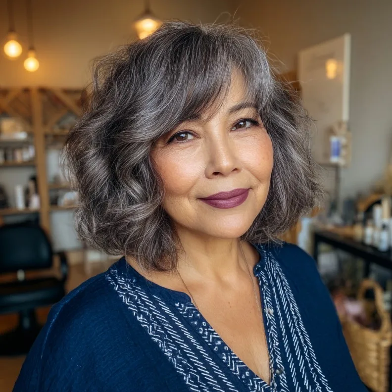 Chic Layered Silver Waves with Brow-Skimming Bangs