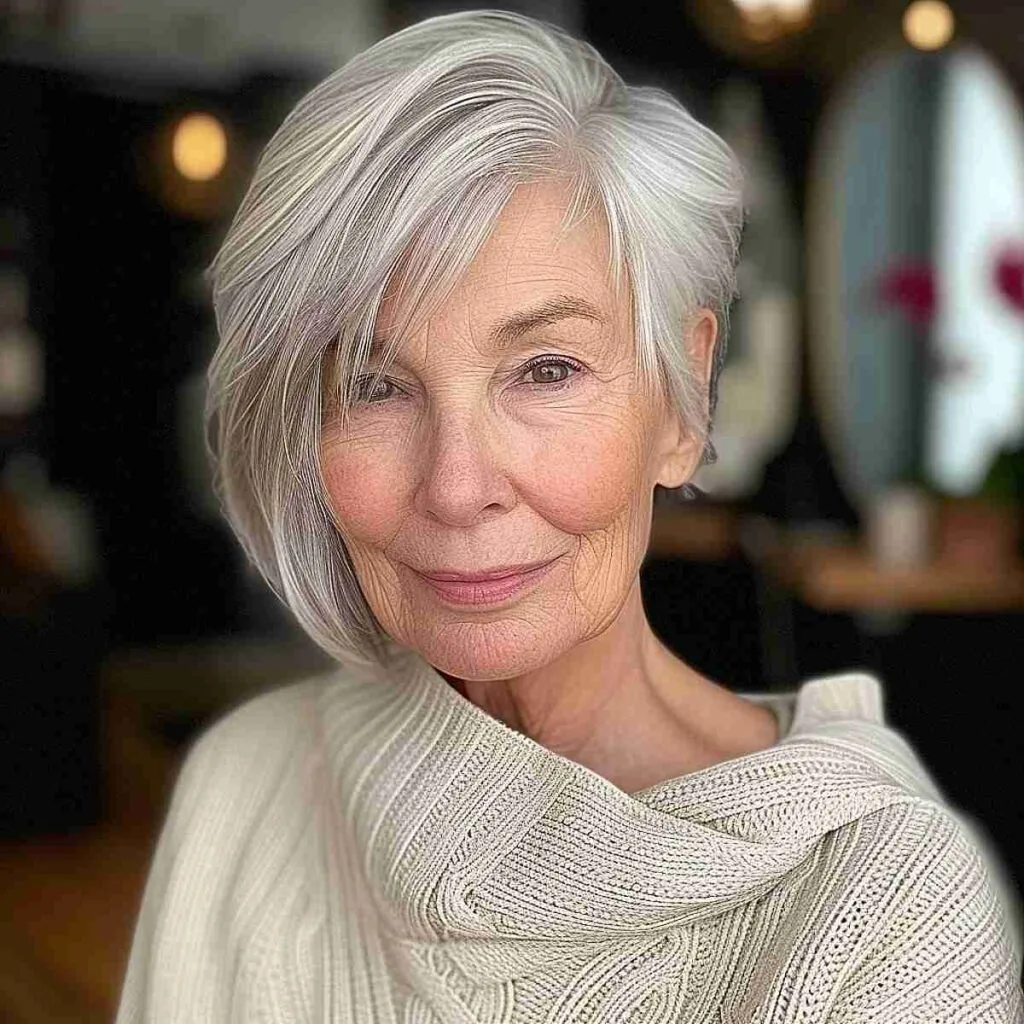 Chic long pixie cut with bangs for mature women