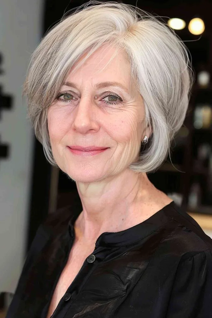 Chic pixie bob for elegant women in their sixties with light-colored hair.