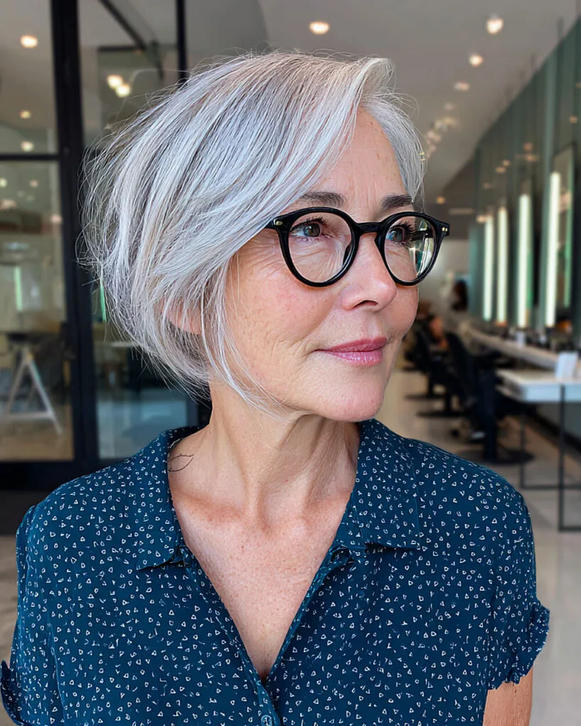 Chic pixie bob with glasses and face-framing layers for older women