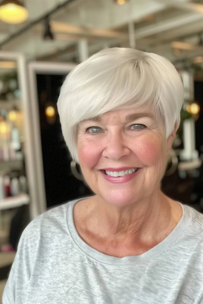 Chic pixie cut with bangs for older ladies wearing glasses