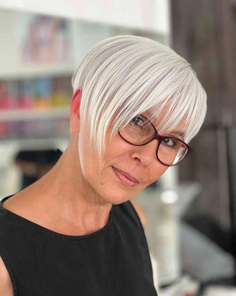Chic Platinum Sleek Pixie Cut for Older Women with Glasses