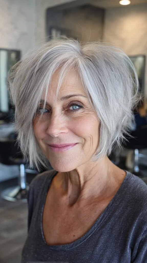 Chic Salt-and-Pepper Angled Shag with Face-Framing Wisps