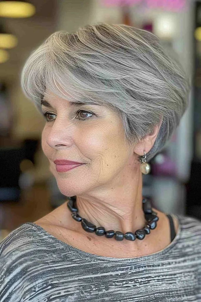 Chic short layered bob for women turning 60 featuring soft layers and a stylish gray hue.